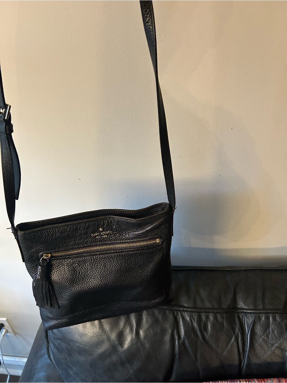 kate spade Black Leather Crossbody with Front Zip and Tassel
